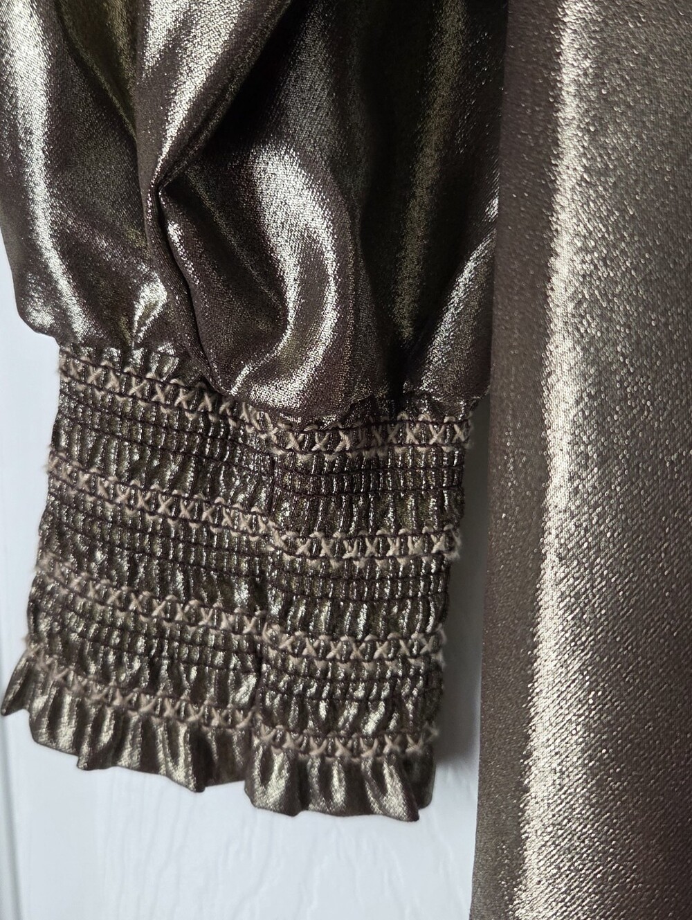 Karl Lagerfeld Paris Metallic Gold Smocked High-Neck Blouse Size M - Picture 7 of 12